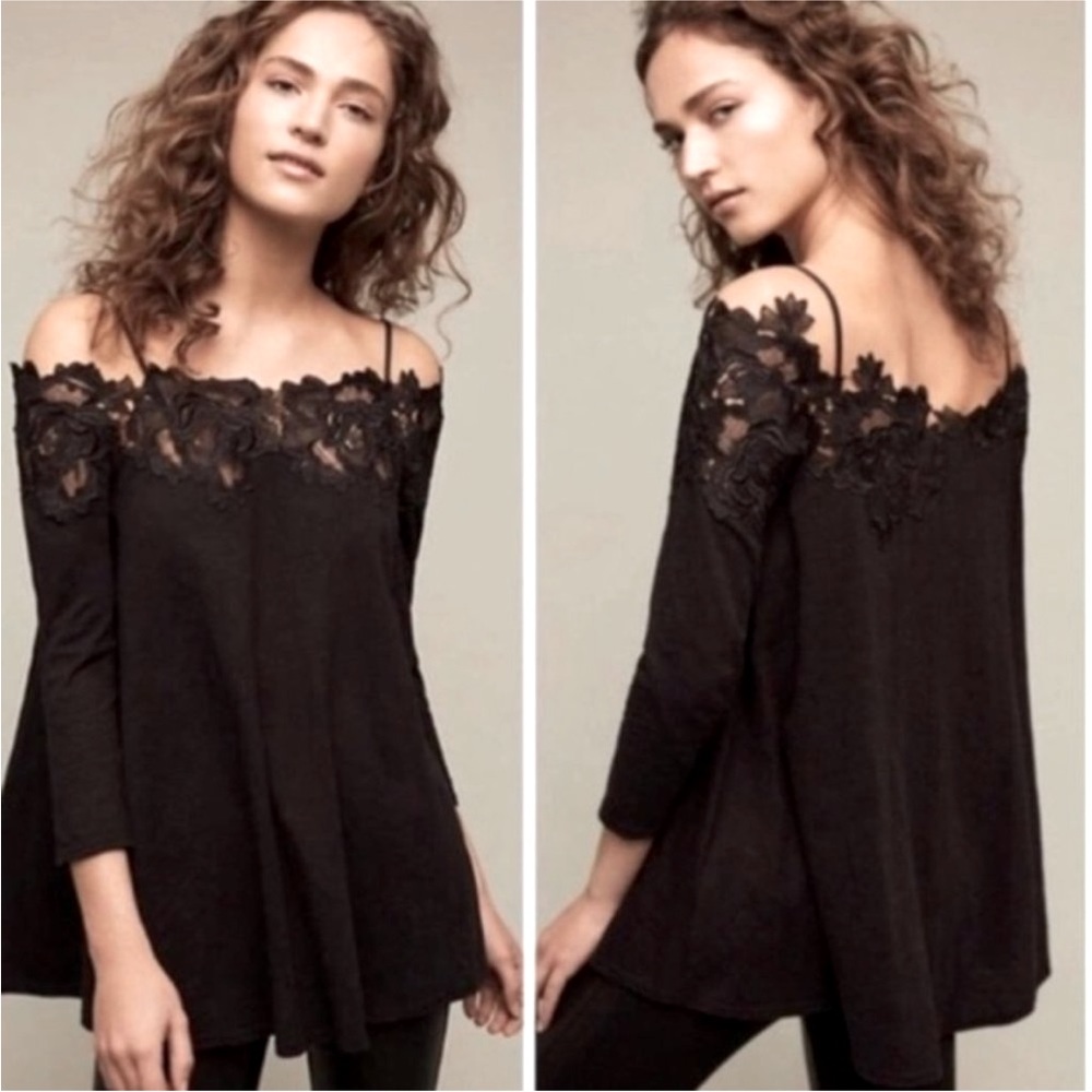 Anthropologie Meadow Rue Laceline Off-The-Shoulder Black Top ✨ Size M